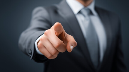 Businessman in suit pointing at camera