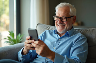 Smiling senior man with glasses uses smartphone indoors. Relaxed elderly gentleman enjoys mobile connection at home on sofa, browsing web, communicating with friends online.