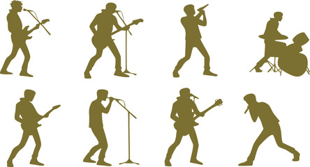 Musicians playing instruments and singing into microphones singers guitarists