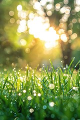 Close photo of wet green grass in summer, dew drops sparkle in light, nature texture background