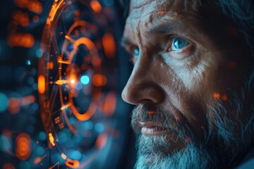 An intense close-up shows a wise, older man with a beard and piercing blue eyes studying a complex holographic interface. The glowing orange and blue data reflects his deep concentration and expertise