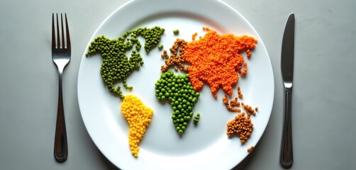 World map crafted from various foods, presented on white plate with fork, knife. Artistic presentation global food sustainability, pressing issue of world hunger. Represents planet diverse resources,
