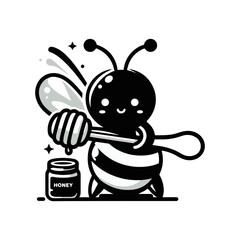 A bee with translucent wings holding a honey dipper