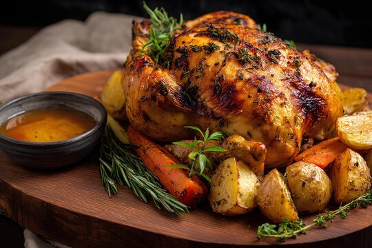 Delicious Whole Roasted Chicken with Vegetables and Herbs on Wooden Plate