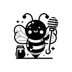 A bee with translucent wings holding a honey dipper