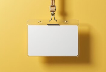 Mockup Empty badge card in plastic holder with yellow lanyard