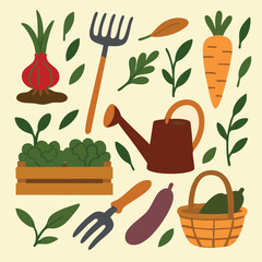 Vegetables and gardening tools on a clean white background