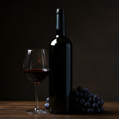 Fototapeta premium Red Wine Bottle and Glass, Elegant Still Life