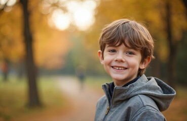 Fototapeta premium Portrait of happy ten-year-old boy smiling outdoors in autumn park. Wears grey hooded sweater, brown hair. Background features blurred trees with yellow foliage, suggesting cozy fall season vibe for