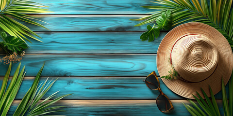 Tropical beach vacation accessories on turquoise wooden table
