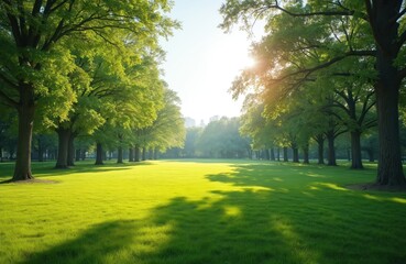 Vibrant sunny park landscape showcases lush green grass and mature trees bathed in sunlight. Peaceful atmosphere with dappled shade from trees. Perfect for relaxation, picnics, and outdoor recreation.