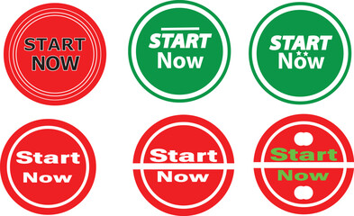Round red and green start now buttons and call-to-action badge set for digital UI interface