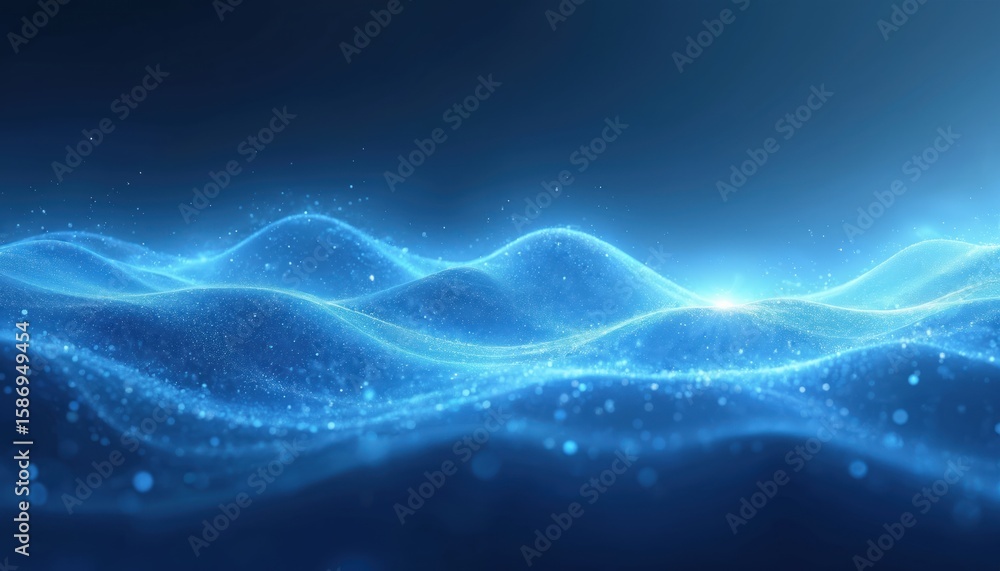 Poster abstract blue background with glowing waves of light particles. smooth fluid motion creates futurist