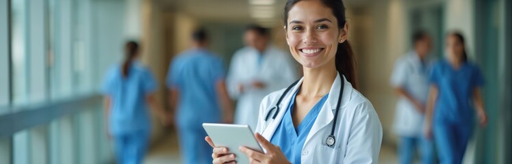 Doctor holds tablet in hospital hallway, smiling at camera. Medical staff in scrubs walk in background. Digital health tech, patient care workflow, medical information access, teamwork.