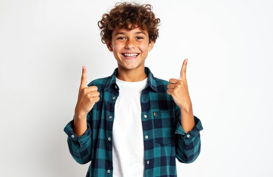Happy teenage boy wearing plaid shirt, smiling, holding up fingers to show number three. Confident young person uses hand gestures for counting or indicating point, suggesting positivity, direction.