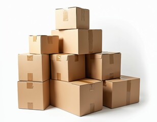 Stack of cardboard boxes, cleanly organized against bright white background. Packing cubes display geometric arrangement, suggesting shipping, storage, moving services. Empty containers represent