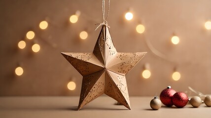 Festive Paper Star Ornament with Bokeh Lights and Christmas Baubles