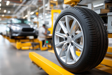 Close-up of car wheel in modern automobile factory