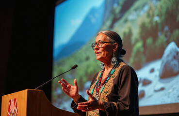 Elderly Native American woman speaks at conference podium. She advocates for indigenous culture, heritage, empowerment. Her attire includes traditional jewelry, reflecting her ethnic identity, pride.