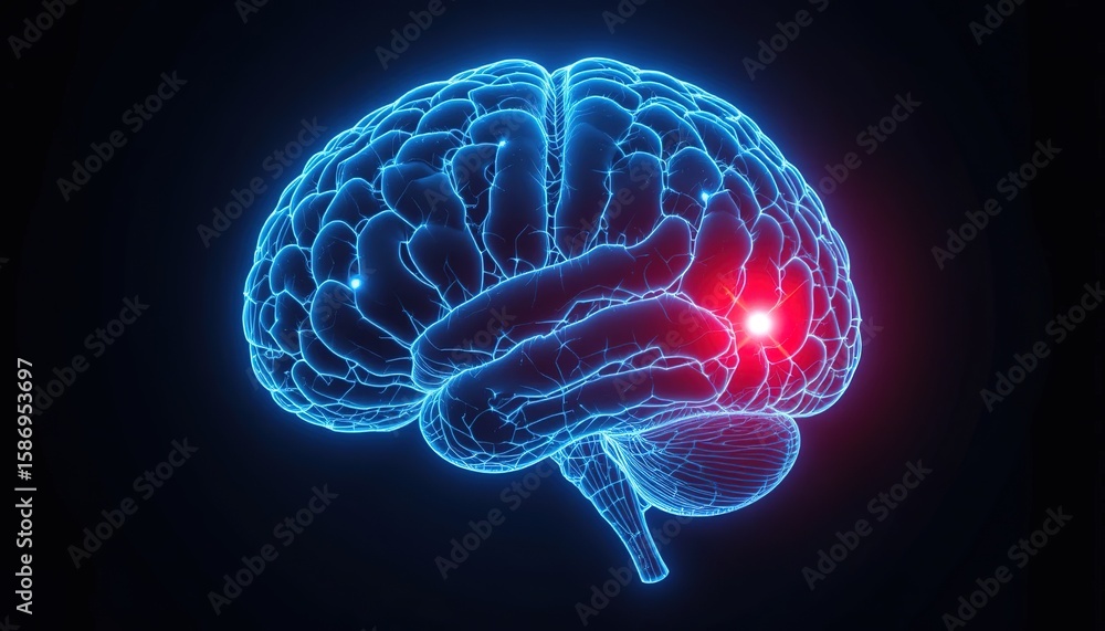 Poster 3d model of a human brain with highlighted area.