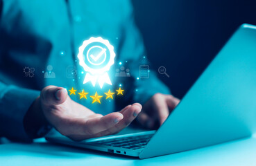 Hand shows sign of top service Quality assurance, Guarantee, Standards, ISO certification and...