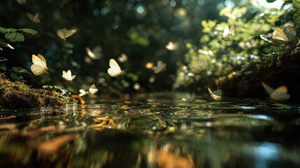 Tranquil stream reflects light as butterflies flit among mossy banks and lush foliage