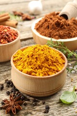 Different aromatic spices on wooden table, closeup