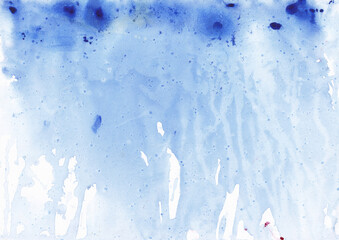 Blue washed watercolor texture background. Abstract paint drip graphic element. Grunge paint overlay template.