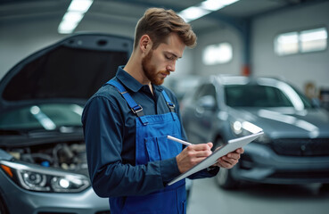 Bearded mechanic in blue uniform writes on clipboard near car with open hood. Pro technician performs vehicle inspection, records maintenance data in workshop. Expertise in auto repair, car service.