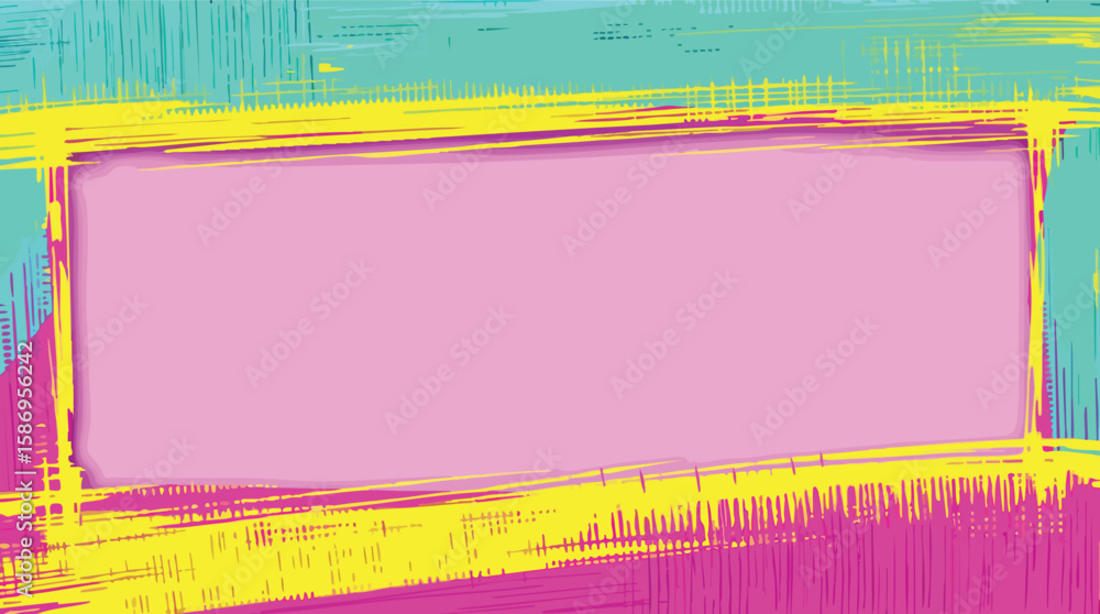 Poster abstract background with colorful brush strokes and empty pink rectangular space.
