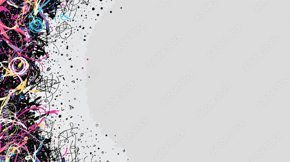 Poster abstract colorful artistic background with swirls splatters and scribbles on a light grey canvas.