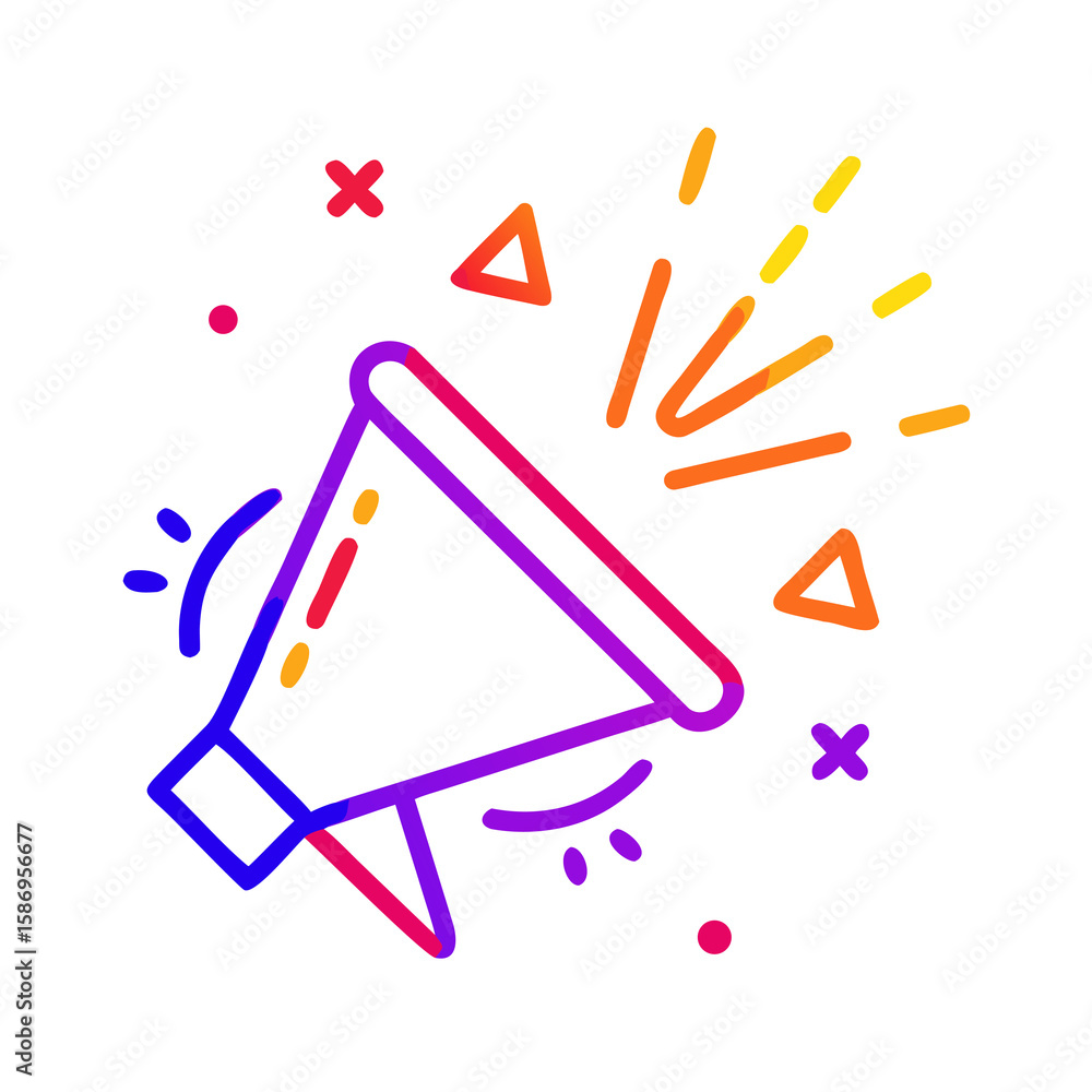 Poster vibrant megaphone icon with dynamic burst elements, ideal for announcements and marketing campaigns 