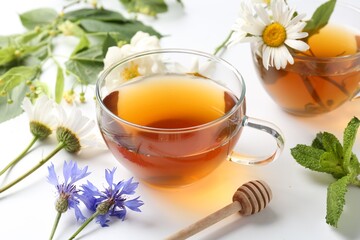 Aromatic herbal tea in glass cups, different flowers and mint on white background, closeup