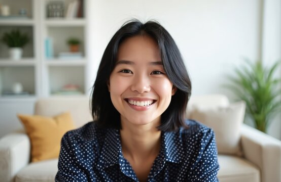 Smiling Vietnamese woman engages in video call from home. Millennial Asian girl uses webcam for virtual conference or online event. Profile picture shows happy young woman communicating digitally.