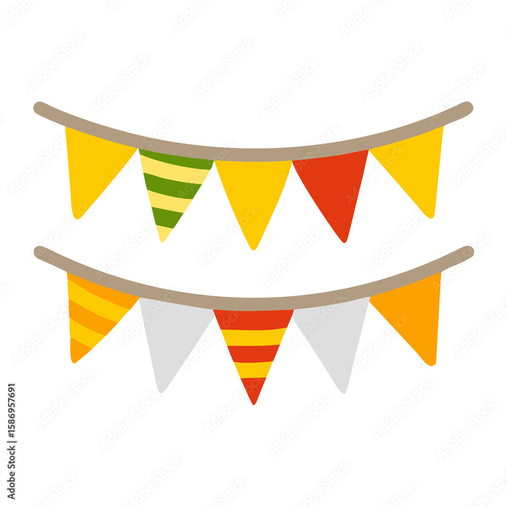 Poster vibrant bunting flags with geometric patterns, perfect for adding a festive touch to events, scrapbo