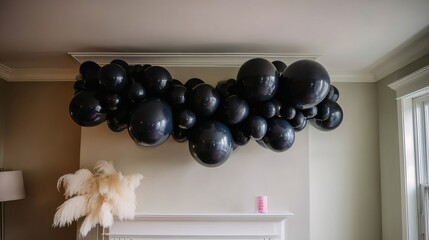 Black Balloon Cluster Decor in Living Room Ceiling with Natural Light