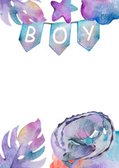 Watercolor baby boy nursery illustration. Hand-painted cute jungle crocodile