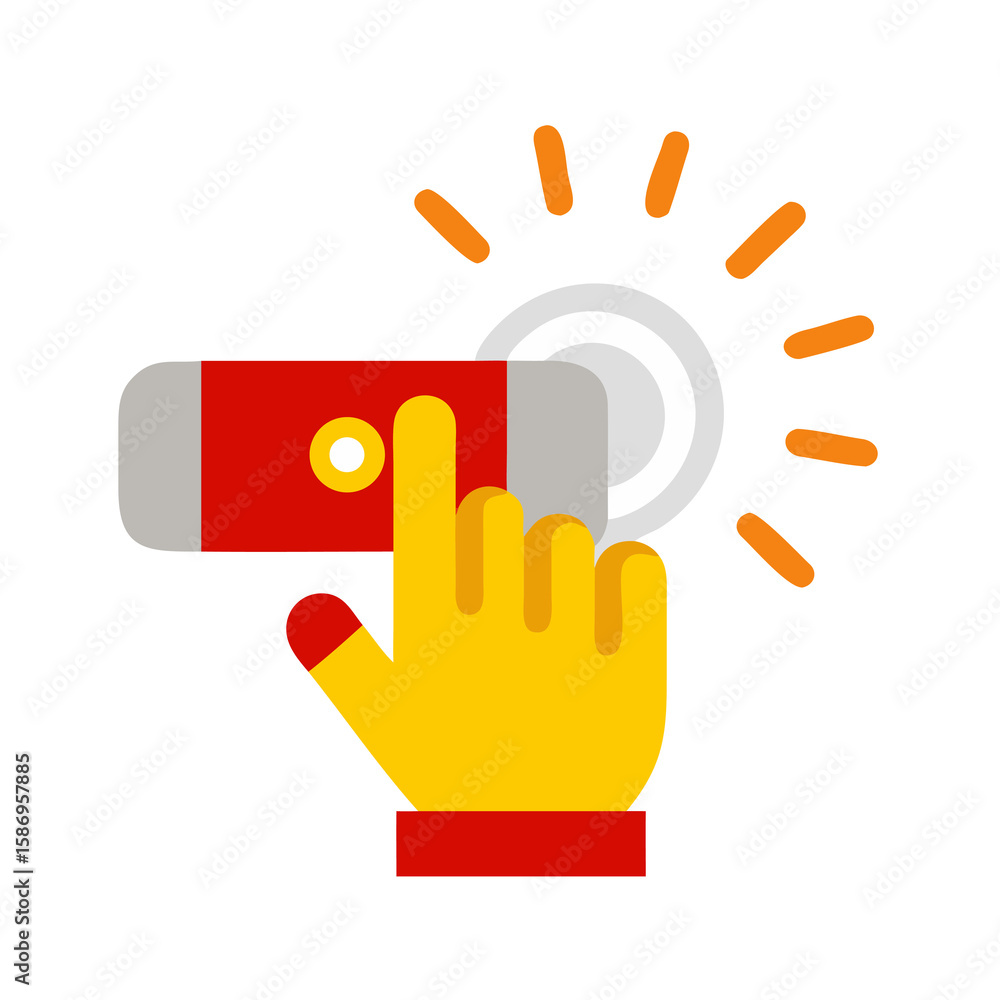 Poster hand activating a flashlight illustration with finger pressing button on transparent backdrop for ui