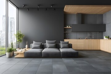 Modern open-plan living area with gray couch and wooden kitchen.