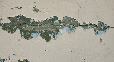 Close-up of weathered wall showing peeling paint, revealing underlying layers and damage.