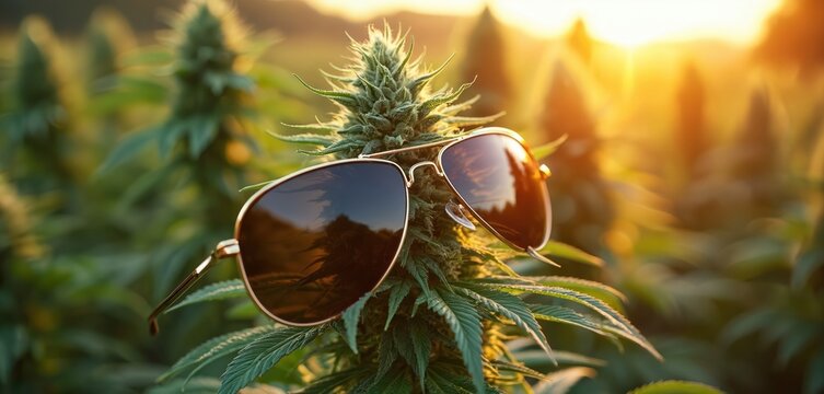 Aviator sunglasses rest on cannabis plant bud in warm golden hour sunlight. Rich green foliage background with bokeh effect. Represents summer vibes, fashion accessory, ganja culture, natural
