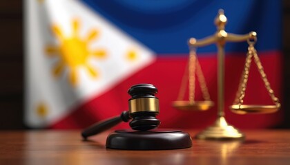 Philippines legal system concept. Gavel, scales of justice, national flag close-up. Represents court, law, judiciary, government authority. Symbol of fairness, equity, judgement, and trial in country.