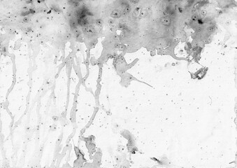 Abstract grunge background template. Dirty grey paint drip on white paper. Rough wet surface graphic element.