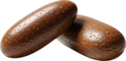 Two brown textured oval shaped sausages with a slightly glossy surface transparent background