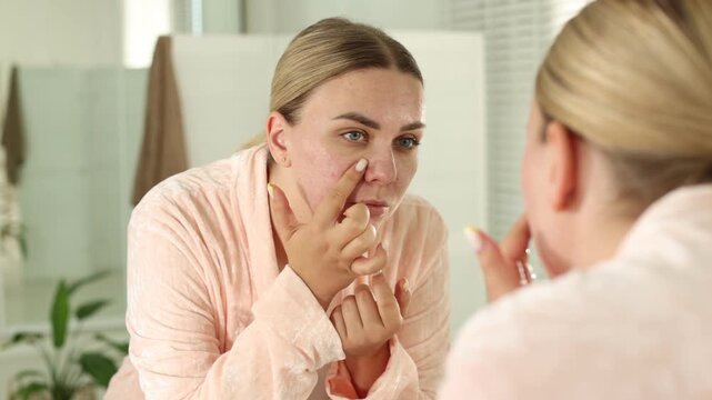 Woman popping pimples near mirror in bathroom. Acne problem