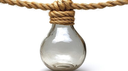 Creative presentation of light bulb hanging from a nautical rope on white background