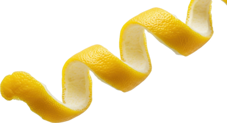 Bright yellow lemon peel spiral with textured surface and white pith isolated on black transparent background