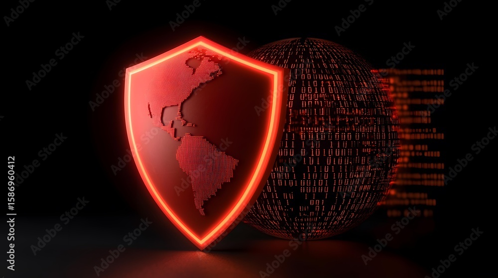 Poster a glowing red shield, depicting the americas, stands before a binary code-covered globe, symbolizing