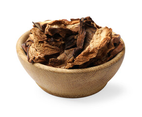 Pieces of dried mushrooms in bowl isolated on white