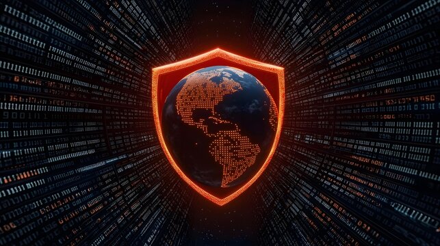 A glowing orange shield encompassing a digital representation of Earth, set against a backdrop of flowing binary code.